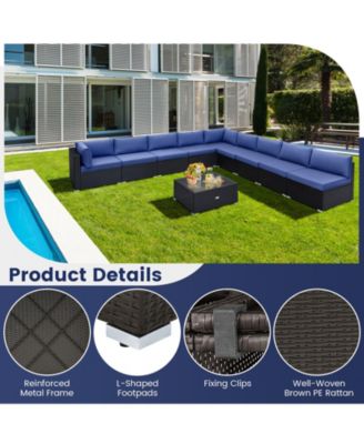 10 Piece Outdoor Wicker Conversation Set with Seat and Back Cushions-Navy