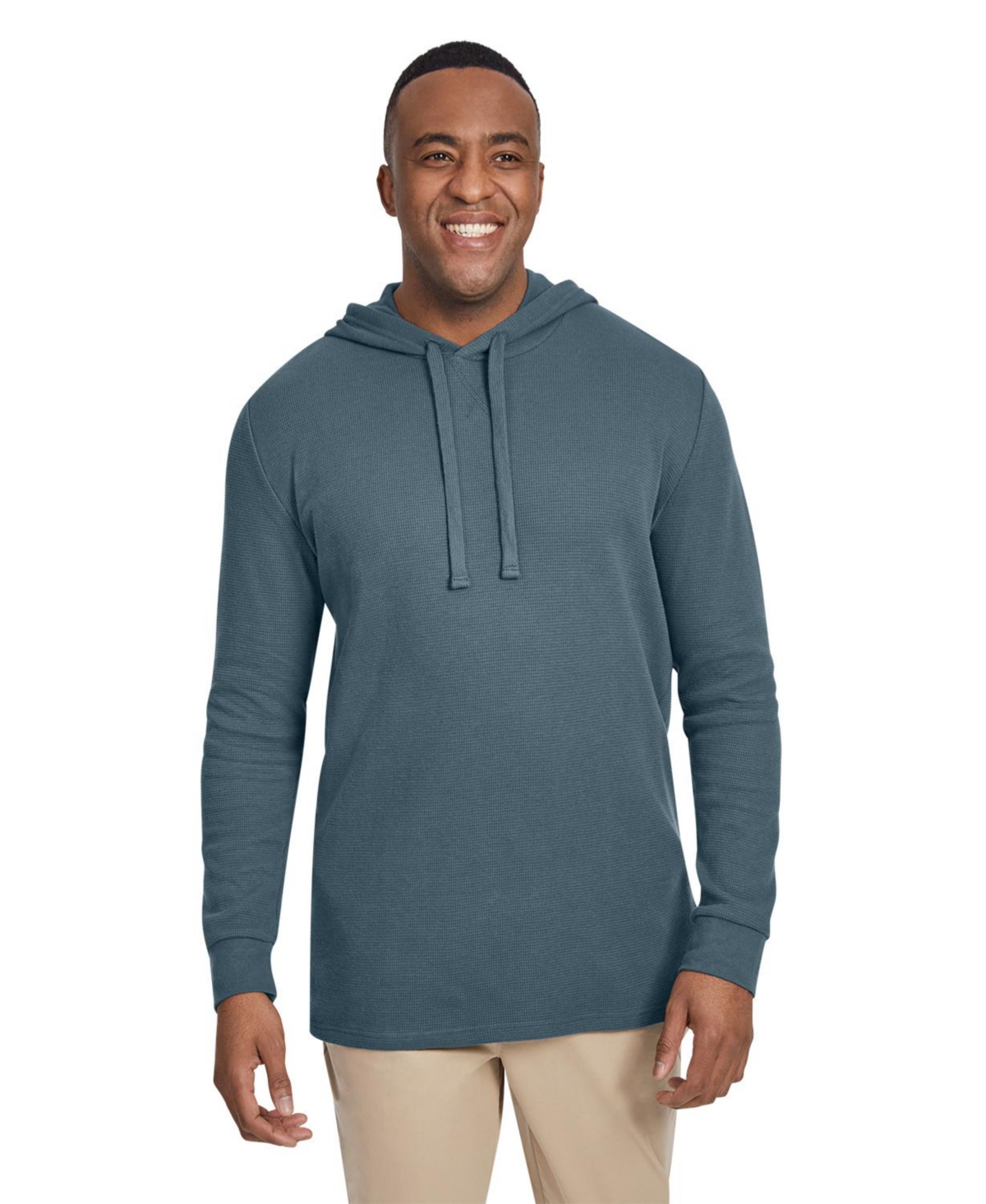 Men's Waffle Hooded Long Sleeve Top - Steel blue