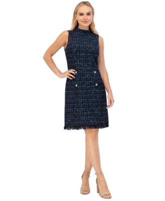 Eliza J - Women's Boucl&eacute; Faux-Pocket Fringe A-Line Dress