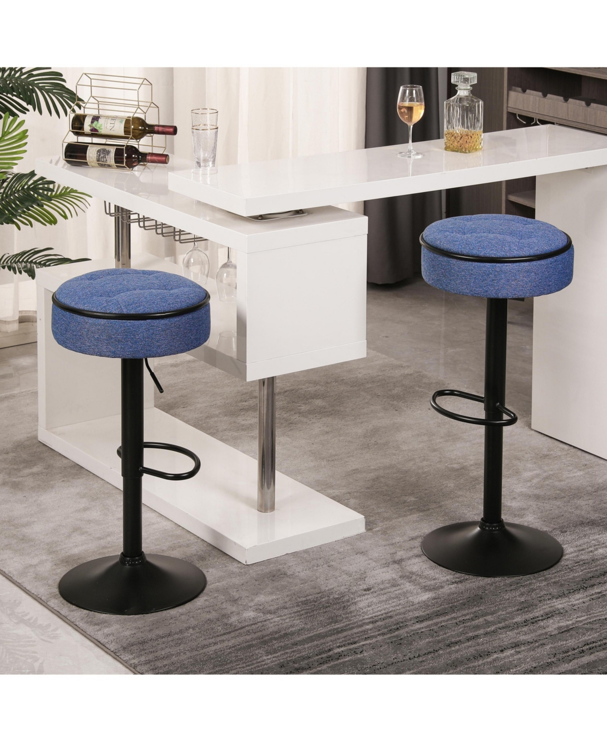 Streamdale Furniture Round Storage Bar Stool Set of 2, Blue Linen Height Adjustable Barstool, 360Counter Height Swivel Stool, Armless Bar Chair with M