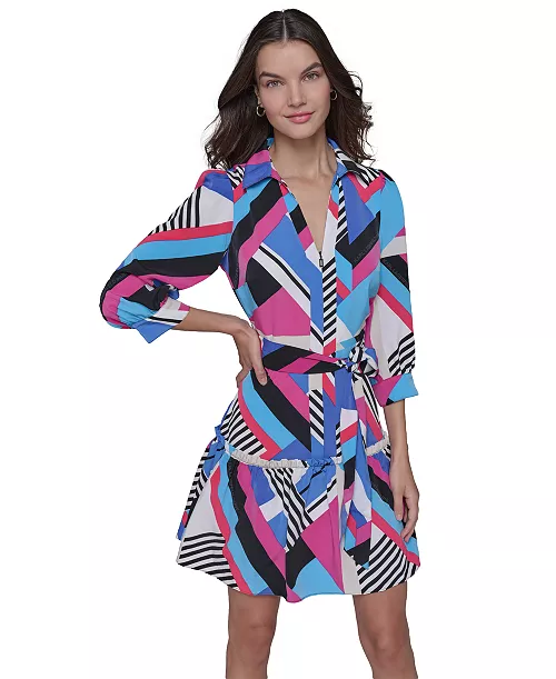 women's geo-print tie-waist 3/4-sleeve dress