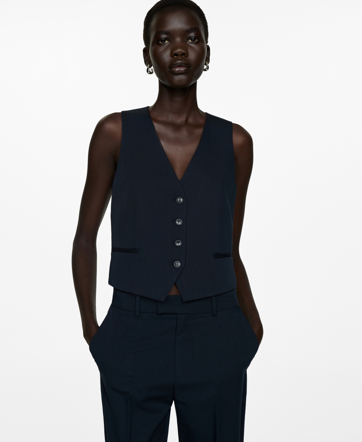 Mango Stretch Satin Contrast Suit Vest In Dark Navy