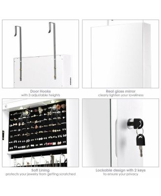 Wall and Door Mounted Mirrored Jewelry Cabinet with Lights-White