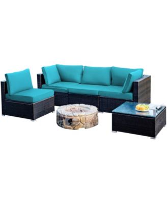 5 Pieces Cushioned Patio Rattan Furniture Set with Glass Table-Turquoise
