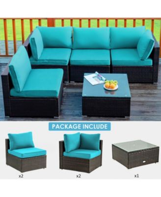 5 Pieces Cushioned Patio Rattan Furniture Set with Glass Table-Turquoise