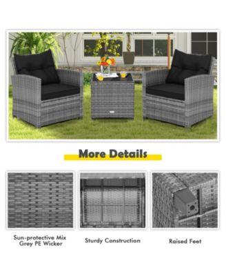 3 Pieces Outdoor Wicker Conversation Set with Tempered Glass Tabletop-Black