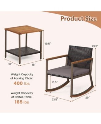 3 Pieces Rattan Rocking Bistro Set with Coffee Table and Cushions-Gray