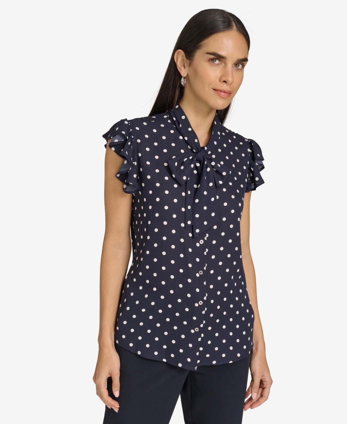 Tommy Hilfiger Women's Ruffle-sleeve Bow Blouse In Mdnght,ivry