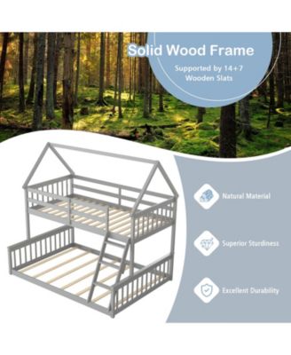 Twin Over Full House Bunk Bed with Ladder and Guardrails-Gray
