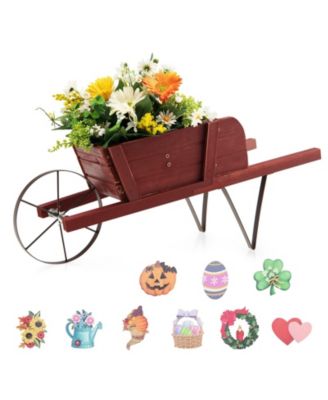 Wooden Wagon Planter with 9 Magnetic Accessories for Garden Yard-Red