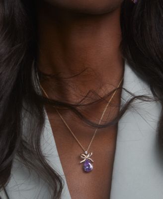 Cubic Zirconia Bow Drop Pendant Necklace, 16" + 2" extender