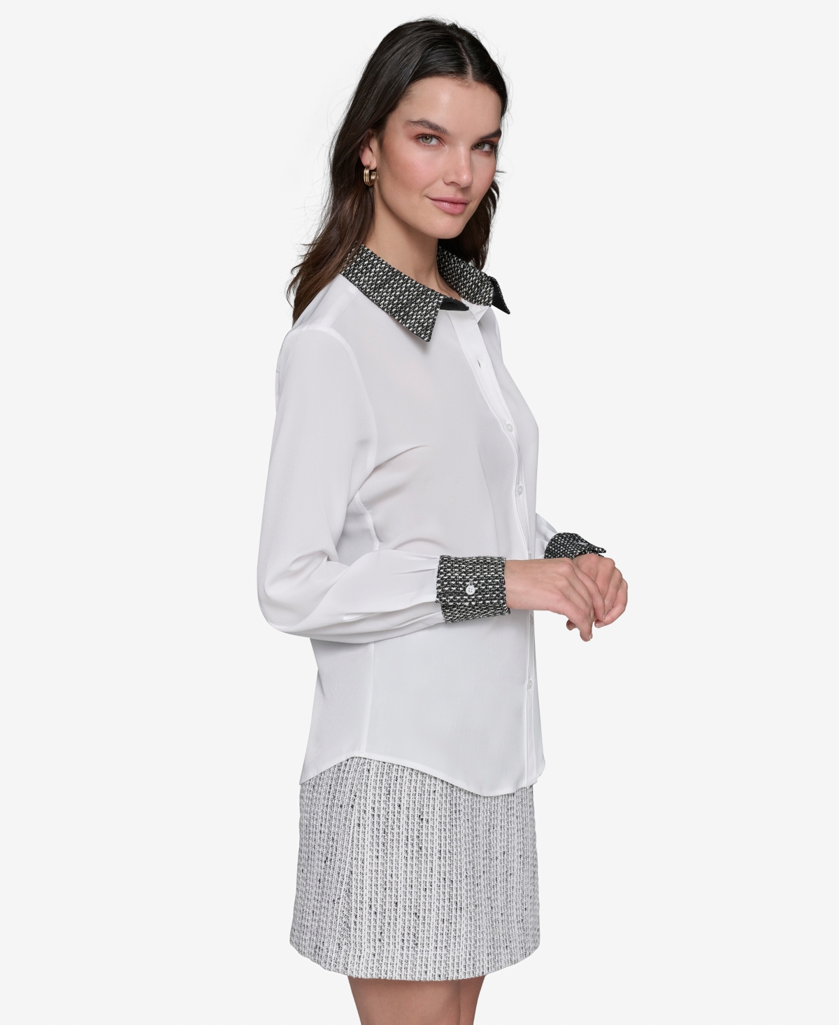 Karl Lagerfeld Women's Tweed-trim Button-front Shirt In Soft White,black