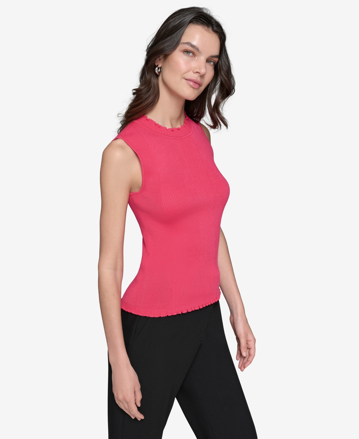 Karl Lagerfeld Paris Women's Ruffled Rib-Knit Sleeveless Top