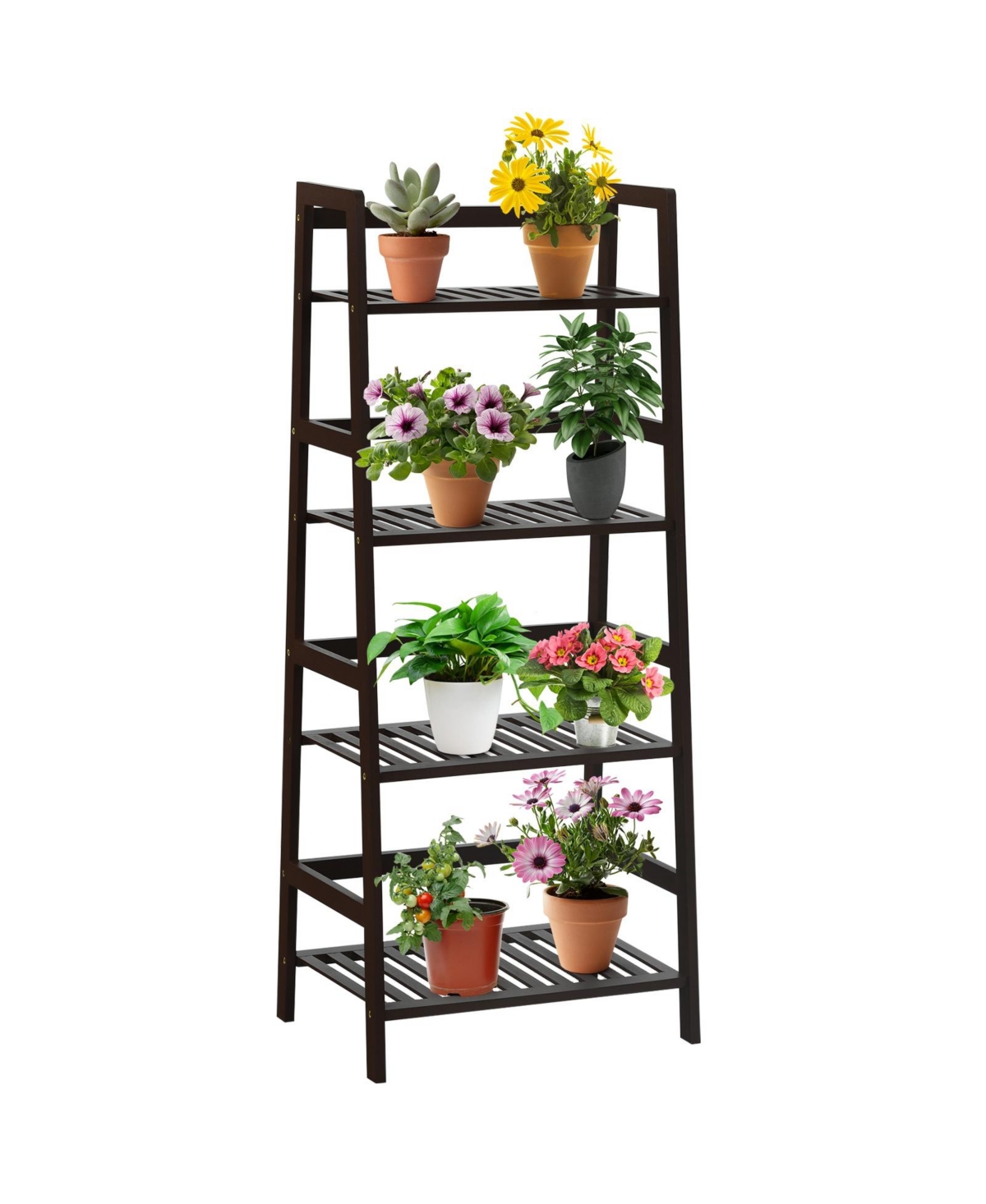 4-Tier Bamboo Plant Rack with Guardrails Stable and Space-Saving-Brown - Black