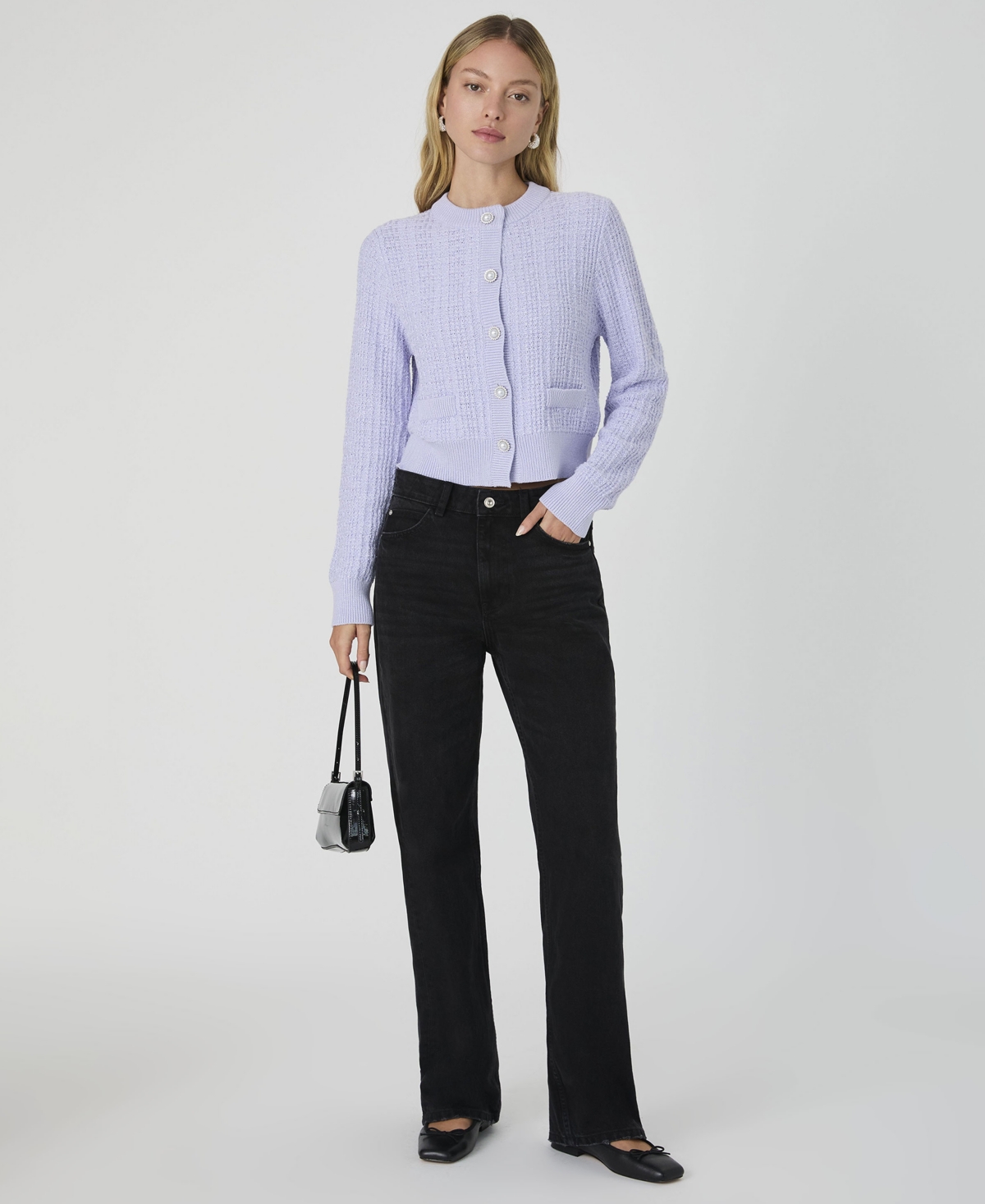 French Connection Lurex Tweed Cardigan In Lavender,silver Lurex