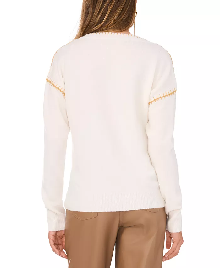 Women's V-Neck Whip-Stitch Trim Long-Sleeve Sweater - thumbnail 5