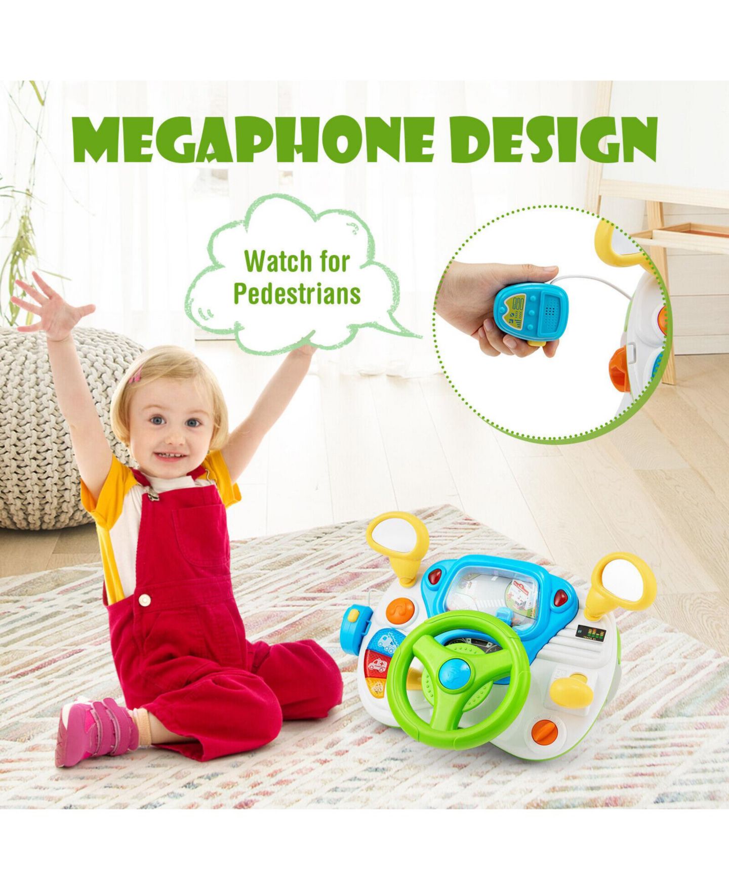 Детские игрушки HONGGE Steering Wheel with Pedals Lights and Sounds 3-Piece Pretend Play Set, Ages 3+ — фото 5