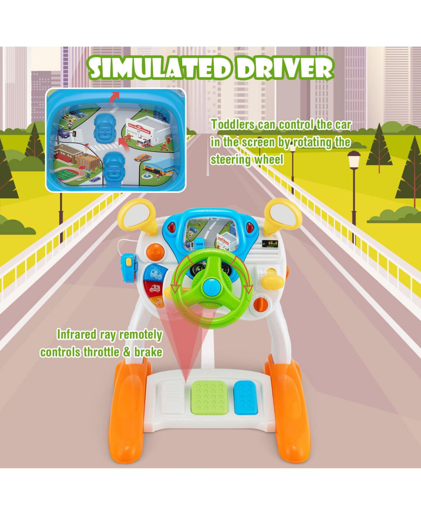 Детские игрушки HONGGE Steering Wheel with Pedals Lights and Sounds 3-Piece Pretend Play Set, Ages 3+ — фото 10