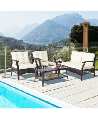 4 Pieces Outdoor Rattan Conversation Set with Protective Cover