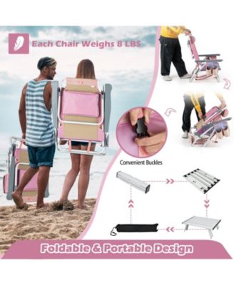 2 Packs 5-Position Outdoor Folding Backpack Beach Table Chair Reclining Chair Set-Pink