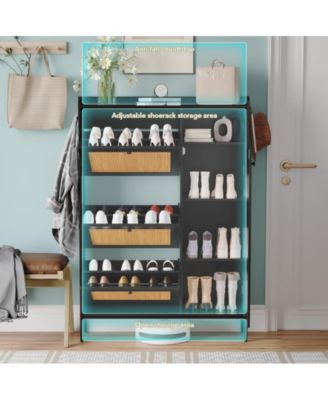 Cabinet Rattan Shoe Natural Rattan Freestanding Shoe Cabinet with 4 Open Storage Side Cabinet, Hidden Wood Shoe Rack, Rattan Shoe Storage Cabinet, for Entryway, Living Room, Porch,Black