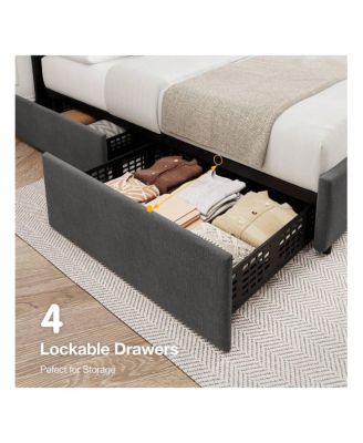 Bed Frame With Storage Drawers And Headboard, Upholstered Platform Bed Frame With Wooden Slats Support, No Box Spring Needed