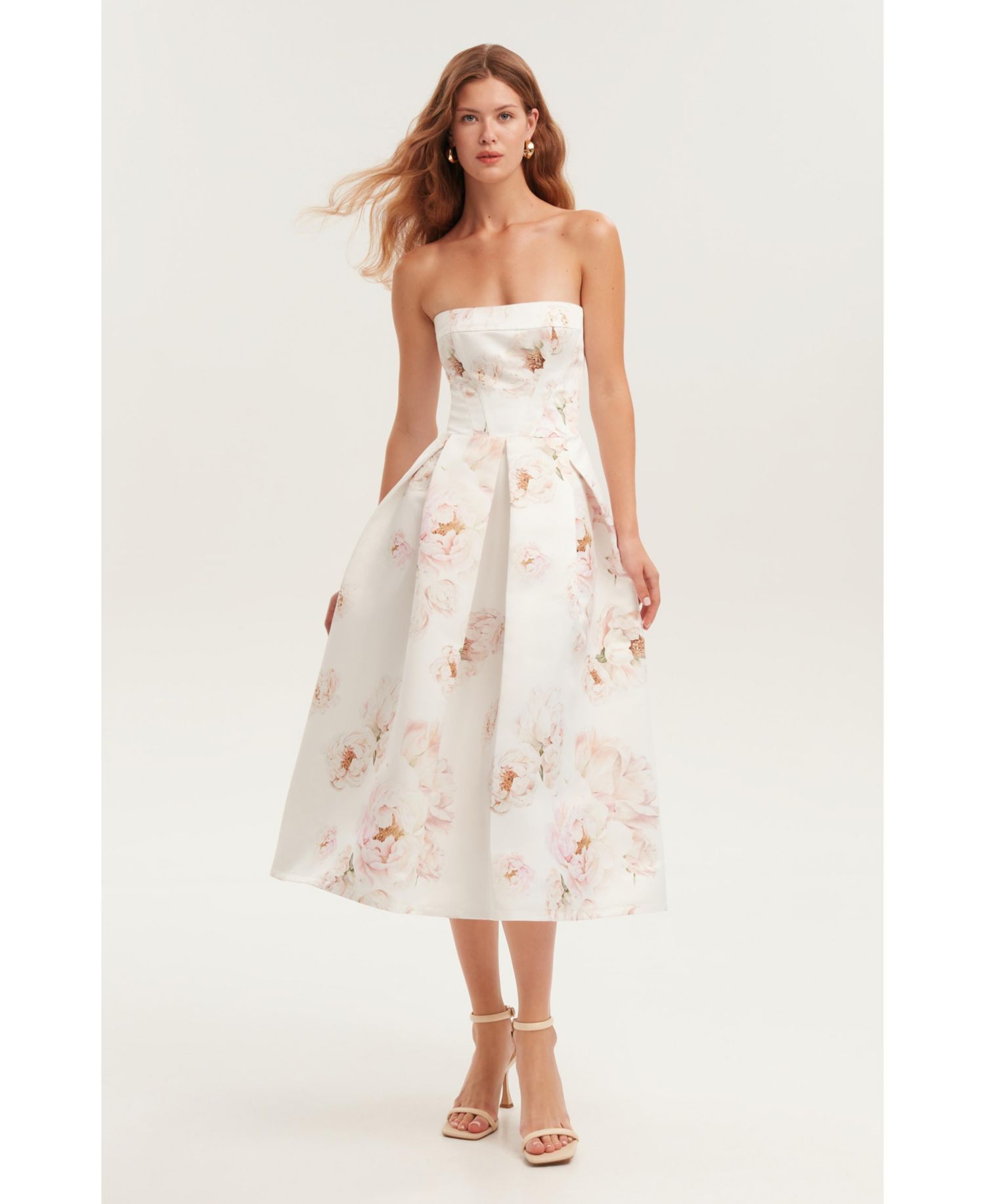 Women's Strapless Midi Dress With A Flower Print
