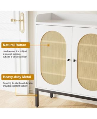 3-Door Shoe Cabinet – White, Rattan Style, 7-Tier Adjustable Shelves, Freestanding Storage for Entryway & Living Spaces.