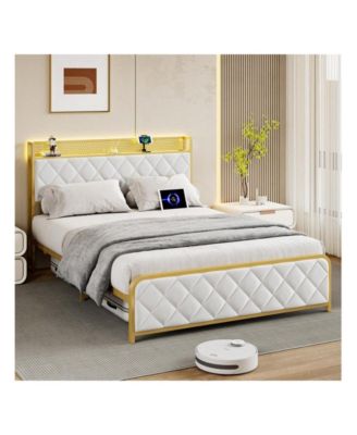 Full/Queen/King Size Bed Frame, Storage Headboard With Charging Station, Platform Bed With Velvet Backrest, No Box Spring Needed, Easy Assembly