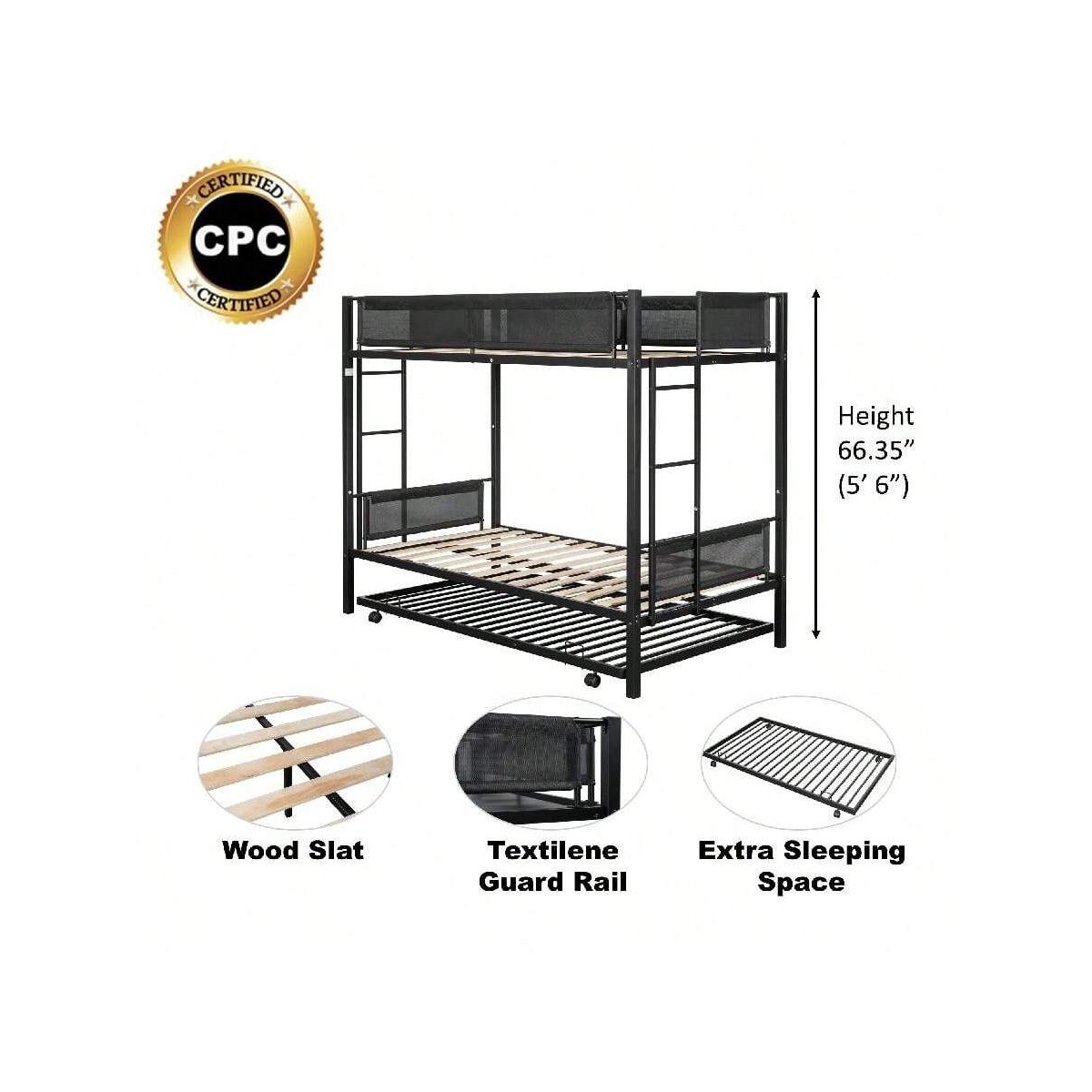 gaomon Over Bunk Bed With Trundle, Wood Slats, 2 Side Ladders, Guardrail Metal Bed Frame, No Spring Box Needed Sturdy Metal Frame For Bedroo