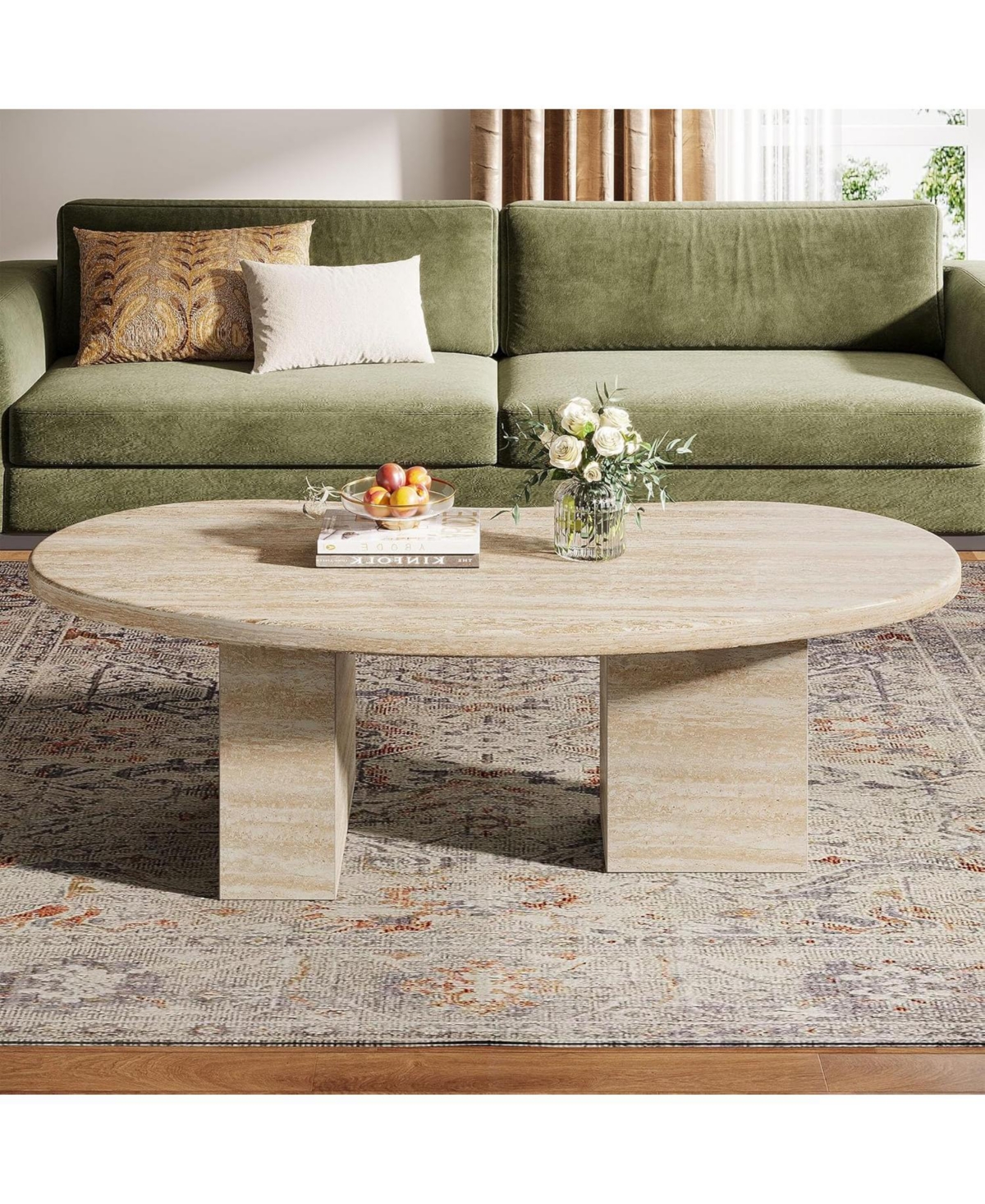 Tribesigns 45.28" Oval Coffee Table for Living Room, Large Modern Coffee Table, All-Wood Center Table with Asymmetric Pedestal Legs, Oak