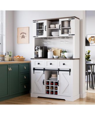 72" Farmhouse Bar Cabinet with Sliding Barn Door, Tall Kitchen Buffet with Storage Hutch and 3 Drawer