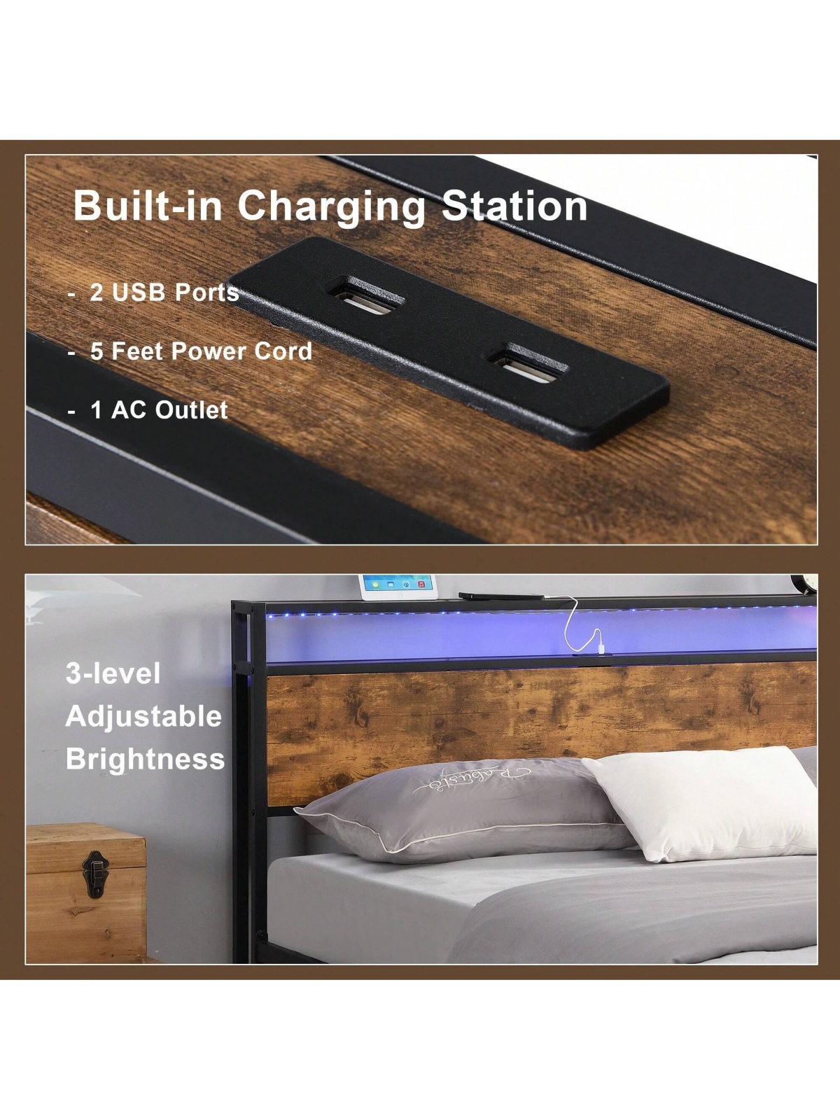 gaomon Full Size/Queen Size Bed Frame With Led Lights Headboard Metal Platform Bed With Usb Ports For Home No Box Spring Needed Easy Assembly