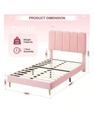 Twin Bed Frame For Girls, Twin Size Velvet Upholstered Bed Frame With Headboard, No Box Spring Needed, Wooden Slats Support, Easy Assembly