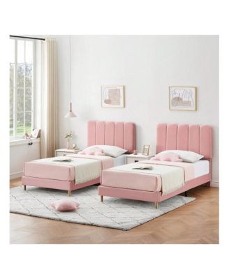 Twin Bed Frame For Girls, Twin Size Velvet Upholstered Bed Frame With Headboard, No Box Spring Needed, Wooden Slats Support, Easy Assembly