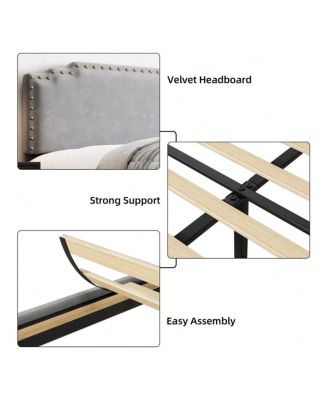 Full/Queen/King Size Bed Frame, Velvet Upholstered Platform Bed Frame With Rivet Decor Headboard And Strong Wood Slat Support, No Box Spring Needed, Easy Assembly, Grey