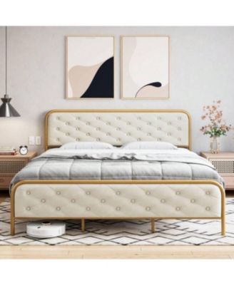 Full/Queen/King Size Upholstered Bed Frame, Velvet Upholstery, Button Tufted Curved Headboard, Sturdy Metal Slats, Noise-Free Platform Bed