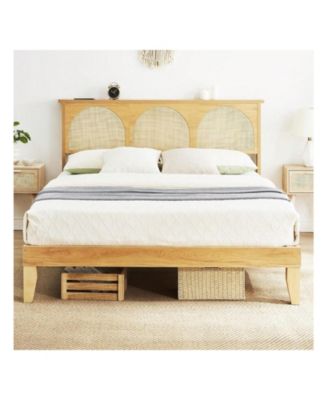 Full/Queen Bed Frame With Rattan Headboard, Boho Cane Platform Bed Frame With LED Lights, Solid Wood Foundation With Wood Slat Support/No Box Spring Needed/Easy Assembly/Noise-Free