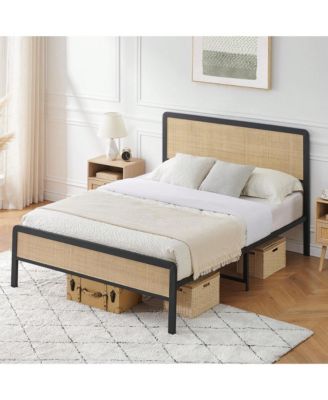 Bed Frame, Metal Bed Frame With Rattan Headboard And Footboard, Platform Bed Frame With Safe Rounded Corners, Under Bed Storage, Strong Metal Slat Support, No Box Spring Needed