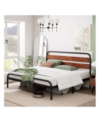 Senfot Queen/King Size Platform Bed Frame With Wood Headboard, Heavy Duty Metal Slat Support, Noise Free Design Mattress Foundation, Easy Installation