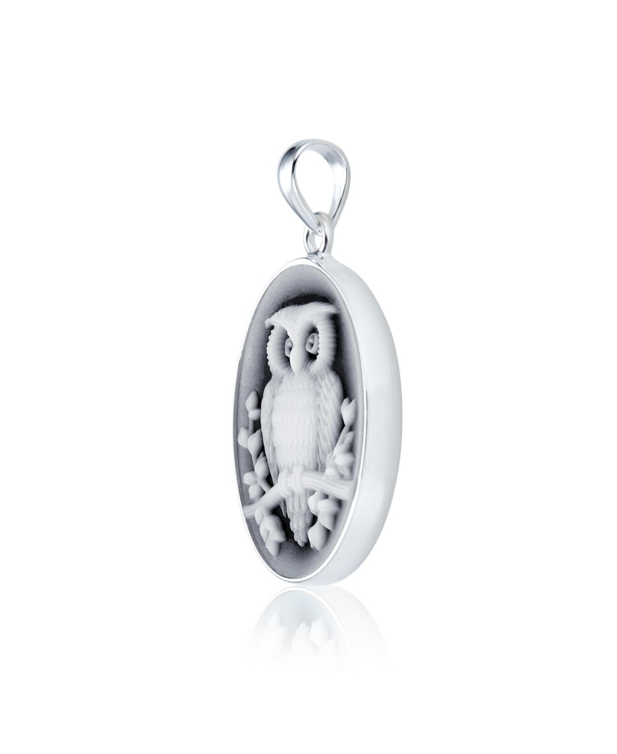 Bling Jewelry Black Carved Oval Branch Small Owl Cameo Pendant Necklace For Women .925 Sterling- Silver