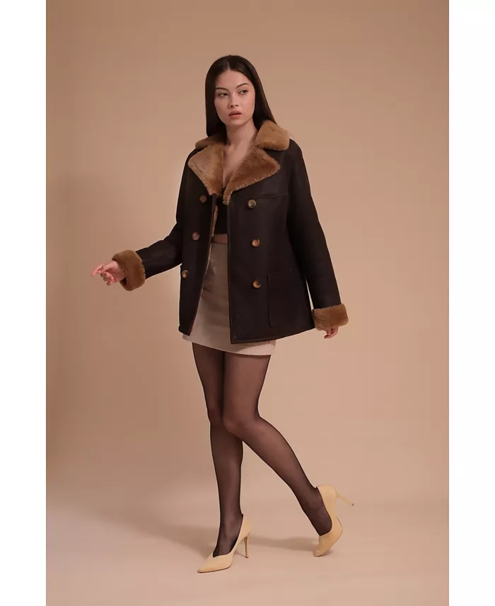 Women's Leather Sheepskin Peacoat, Brown