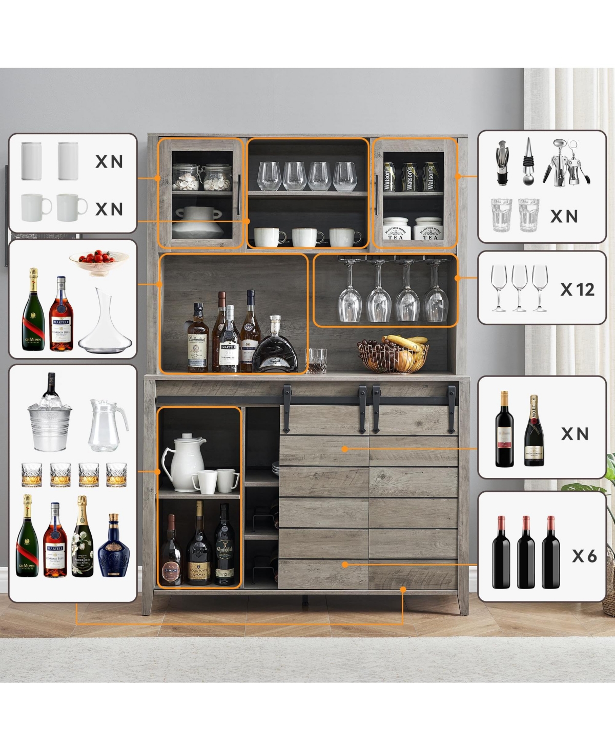 gaomon 70" Farmhouse Coffee Bar Wine Cabinet with Sliding Barn Doors and Storage, Tall Kitchen Hutch