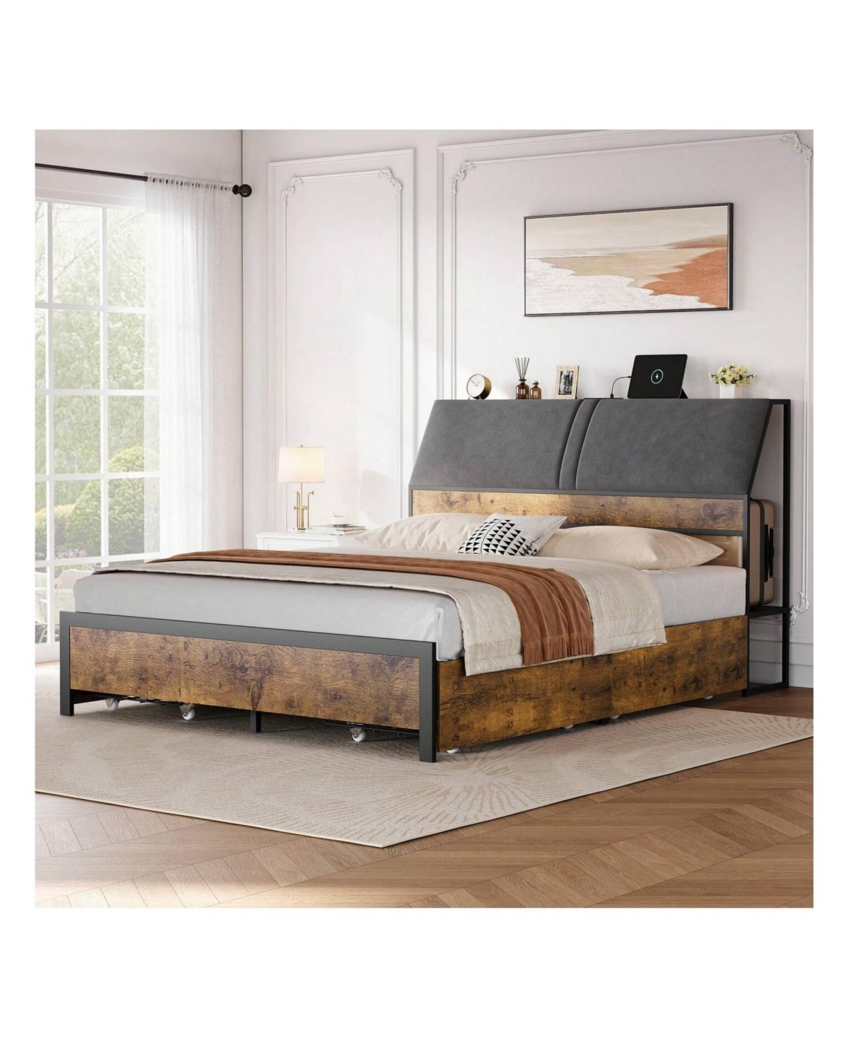 gaomon Bed Frame With Charging Station And 4 Storage Drawers, Metal Platform Bed With Ergonomic Large Storage Headboard, Noise-Free, No Box Sprin