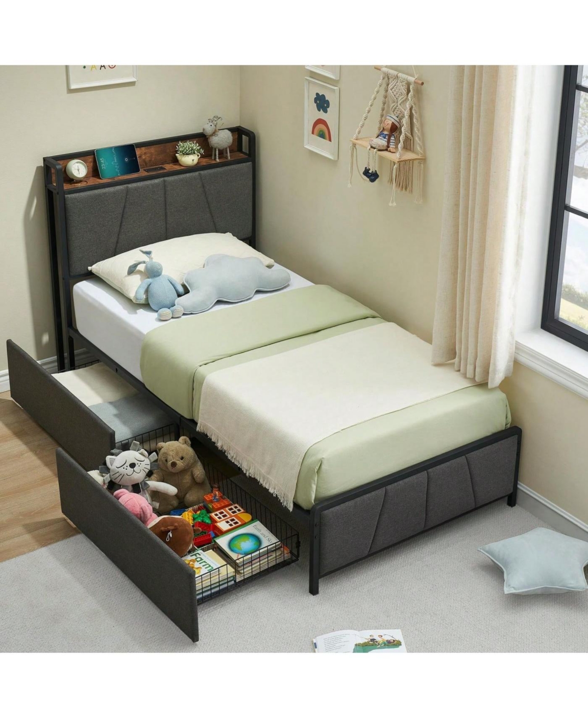gaomon Bed Frame With Storage Headboard And 2 Drawers, Linen Upholstered Platform Bed Frame With Charging Station, Heavy Duty, No Box Spring Needed