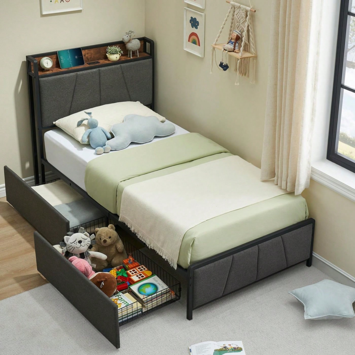 gaomon Bed Frame With Storage Headboard And 2 Drawers, Linen Upholstered Platform Bed Frame With Charging Station, Heavy Duty, No Box Spring Needed