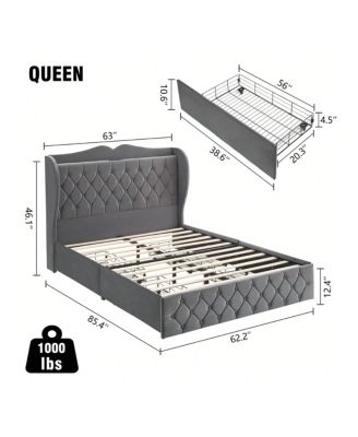 Bed Frame With Charging Station And 4 Storage Drawers, Velvet Upholstered Tall Tufted Wingback Headboard And Storage Shelf, No Box Spring Needed, Easy Assembly