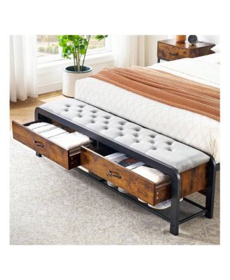 Queen/King Size Metal Bed Frame with 2 Storage Drawers, Open Shelf, Wooden Headboard, Metal Slats Support, Platform Bed Frame
