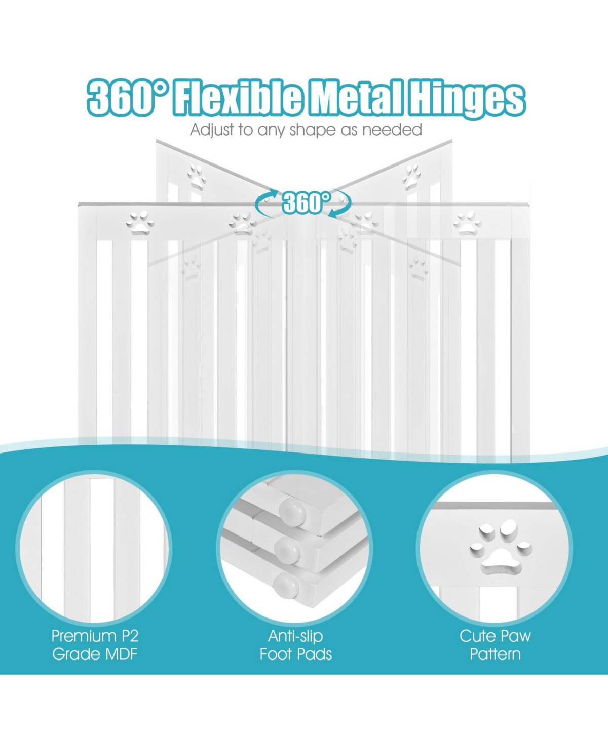 Gouun Folding Wooden Freestanding Pet Gate Dog Gate with 360° Flexible Hinge- White
