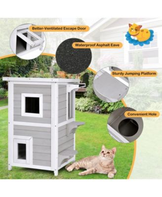 2-Story Wooden Cat House with Escape Door Rainproof